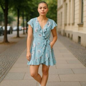 Free People French Quarter Light Blue Floral Print Wrap Dress Size S